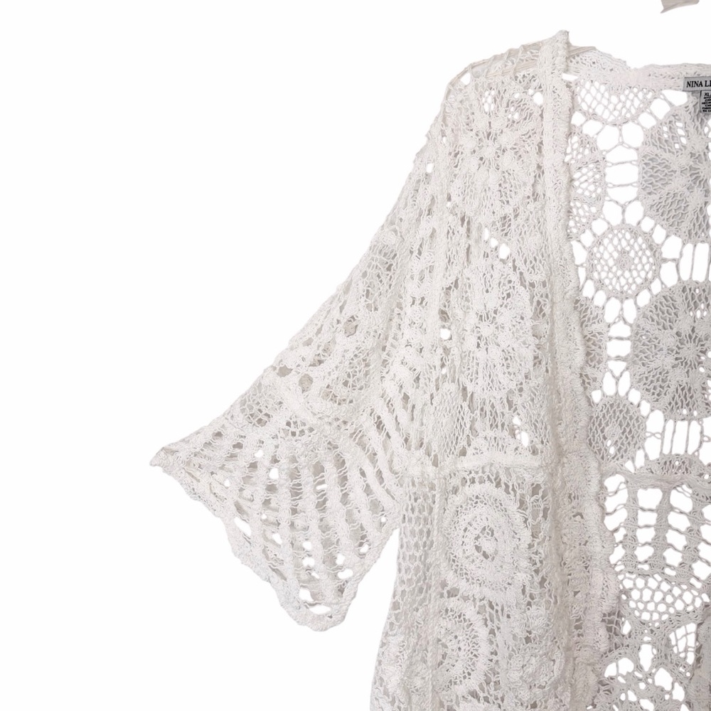 Nina Leonard Fairy Crochet Lace Kimono XL White Open Knit Cottage Coastal Boho - Picture 4 of 10